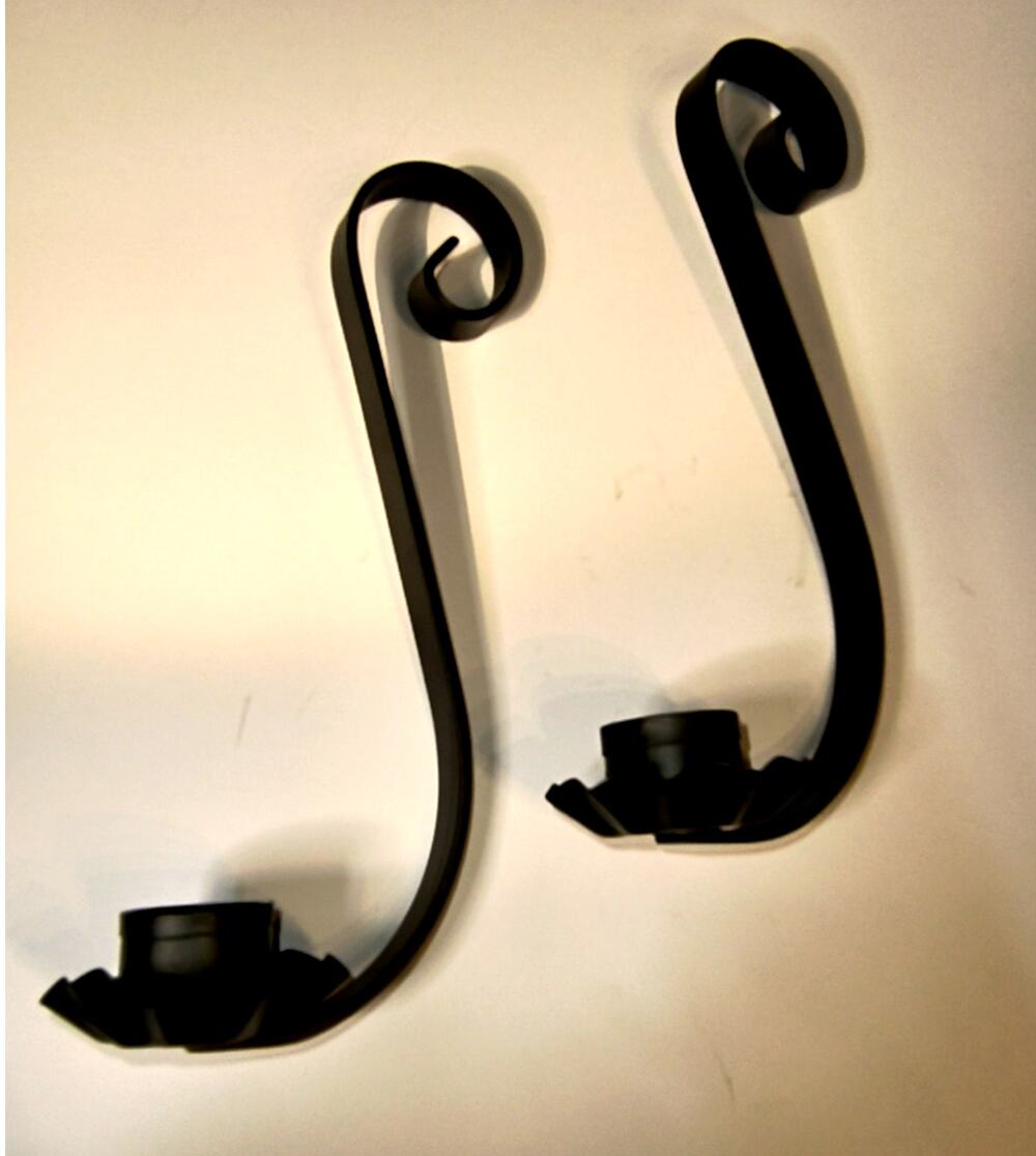 2006.  Set Matte Black Wrought Iron S Hook Candle Holders Curved Arm Fluted Pan